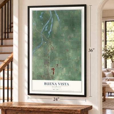 Buena Vista, Michigan map, 24 x 36 inch print in a black frame by a staircase