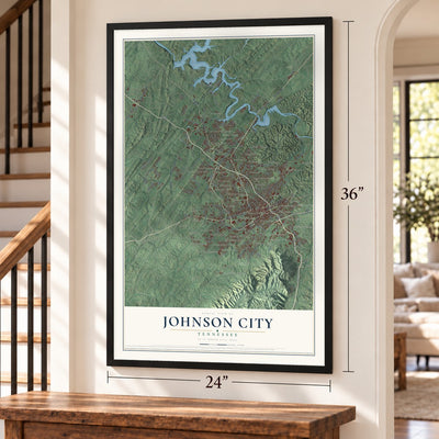 Johnson City, Tennessee map, 24 x 36 inch print in a black frame by a staircase
