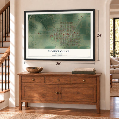 Mount Olive, Illinois map, 24 x 36 inch print in a black frame above a dresser by a staircase