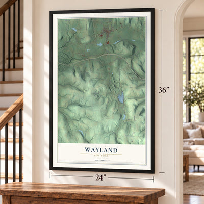 Wayland, New York map, 24 x 36 inch print in a black frame by a staircase