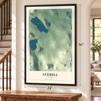 Averill, Vermont map, 24 x 36 inch print in a black frame by a staircase
