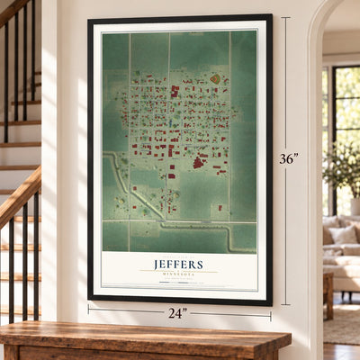 Jeffers, Minnesota map, 24 x 36 inch print in a black frame by a staircase