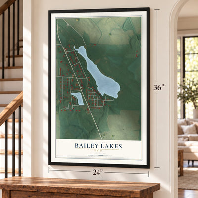 Bailey Lakes, Ohio map, 24 x 36 inch print in a black frame by a staircase