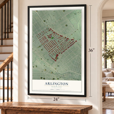 Arlington, Maryland map, 24 x 36 inch print in a black frame by a staircase