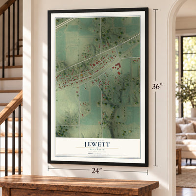 Jewett, Illinois map, 24 x 36 inch print in a black frame by a staircase