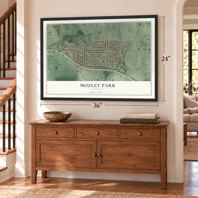Mozley Park, Georgia map, 24 x 36 inch print in a black frame above a dresser by a staircase