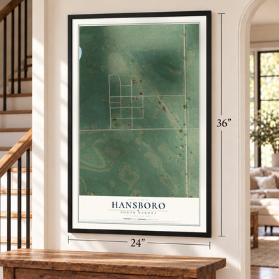 Hansboro, North Dakota map, 24 x 36 inch print in a black frame by a staircase