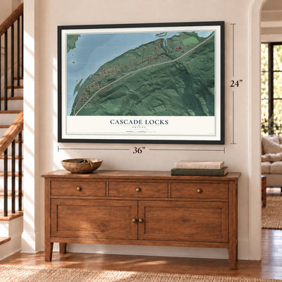Cascade Locks, Oregon map, 24 x 36 inch print in a black frame above a dresser by a staircase