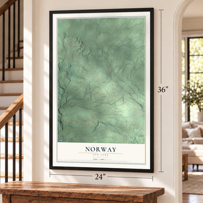 Norway, New York map, 24 x 36 inch print in a black frame by a staircase