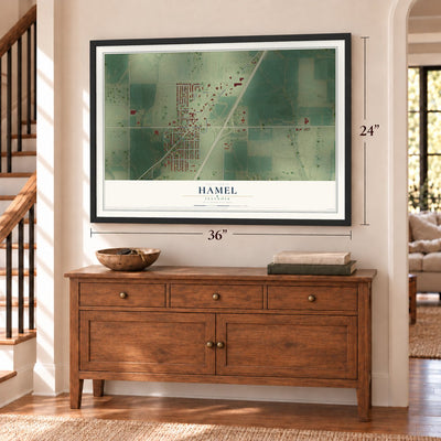 Hamel, Illinois map, 24 x 36 inch print in a black frame above a dresser by a staircase