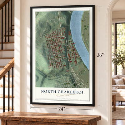 North Charleroi, Pennsylvania map, 24 x 36 inch print in a black frame by a staircase