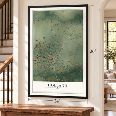 Holland, Texas map, 24 x 36 inch print in a black frame by a staircase