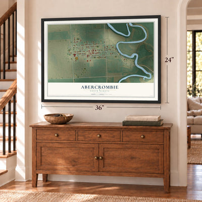Abercrombie, North Dakota map, 24 x 36 inch print in a black frame above a dresser by a staircase