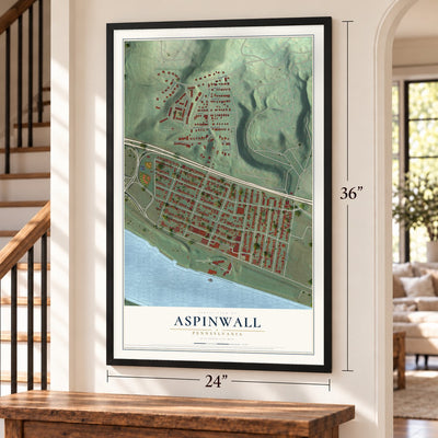 Aspinwall, Pennsylvania map, 24 x 36 inch print in a black frame by a staircase