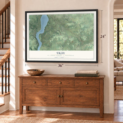 Troy, St. Croix County, Wisconsin map, 24 x 36 inch print in a black frame above a dresser by a staircase