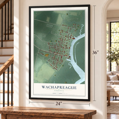 Wachapreague, Virginia map, 24 x 36 inch print in a black frame by a staircase