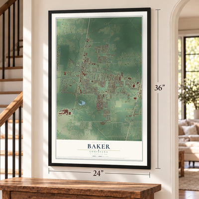 Baker, Louisiana map, 24 x 36 inch print in a black frame by a staircase