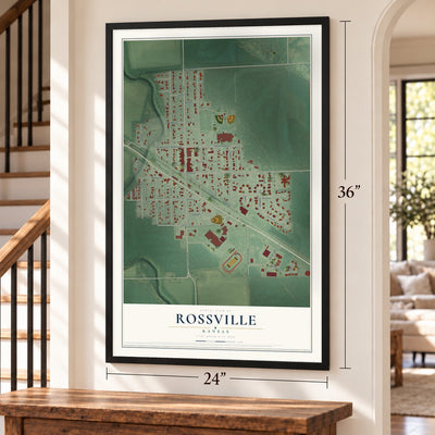 Rossville, Kansas map, 24 x 36 inch print in a black frame by a staircase
