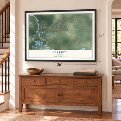 Barrett, Texas map, 24 x 36 inch print in a black frame above a dresser by a staircase