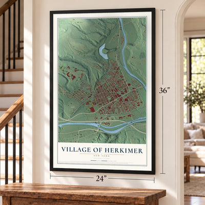 Village of Herkimer, New York map, 24 x 36 inch print in a black frame by a staircase