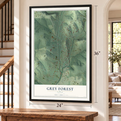 Grey Forest, Texas map, 24 x 36 inch print in a black frame by a staircase