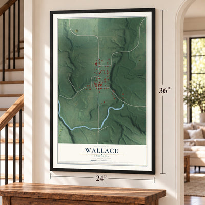 Wallace, Indiana map, 24 x 36 inch print in a black frame by a staircase