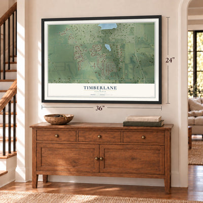 Timberlane, Illinois map, 24 x 36 inch print in a black frame above a dresser by a staircase