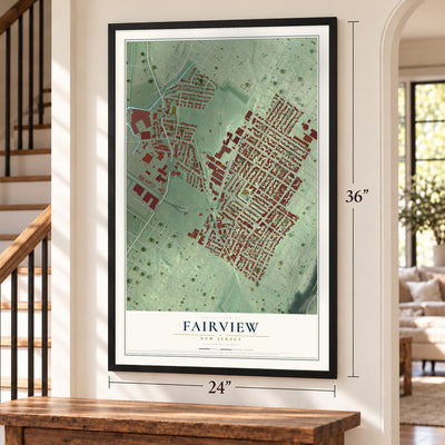 Fairview, New Jersey map, 24 x 36 inch print in a black frame by a staircase