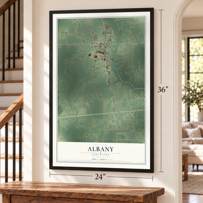 Albany, Louisiana map, 24 x 36 inch print in a black frame by a staircase