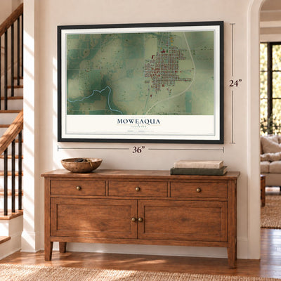 Moweaqua, Illinois map, 24 x 36 inch print in a black frame above a dresser by a staircase