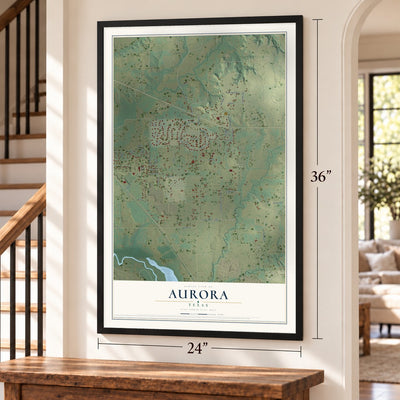 Aurora, Texas map, 24 x 36 inch print in a black frame by a staircase