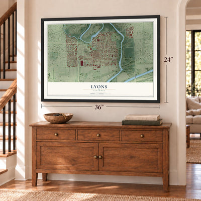 Lyons, Illinois map, 24 x 36 inch print in a black frame above a dresser by a staircase