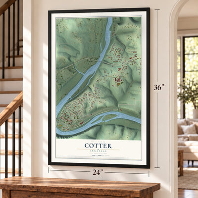 Cotter, Arkansas map, 24 x 36 inch print in a black frame by a staircase