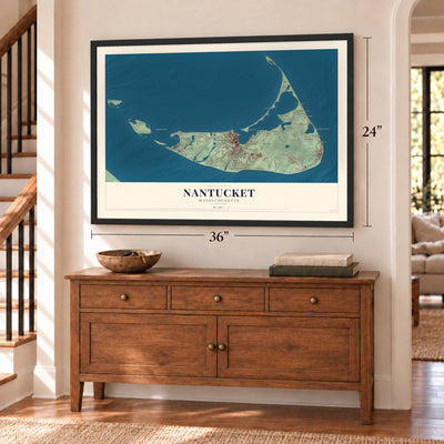 Nantucket, Massachusetts map, 24 x 36 inch print in a black frame above a dresser by a staircase