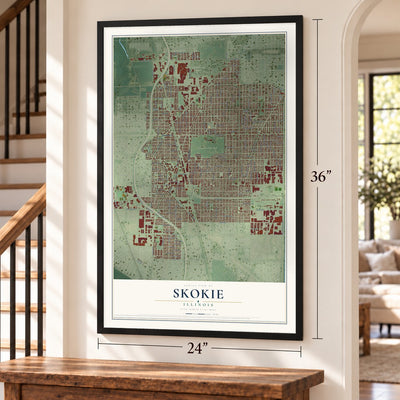 Skokie, Illinois map, 24 x 36 inch print in a black frame by a staircase