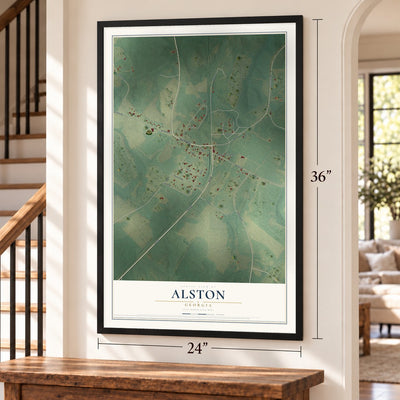 Alston, Georgia map, 24 x 36 inch print in a black frame by a staircase
