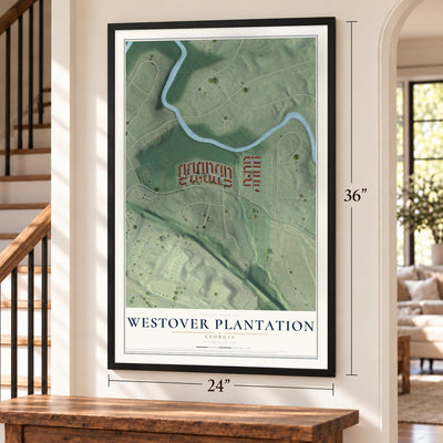 Westover Plantation, Georgia map, 24 x 36 inch print in a black frame by a staircase