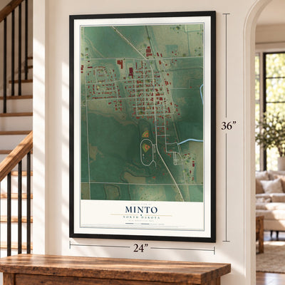 Minto, North Dakota map, 24 x 36 inch print in a black frame by a staircase