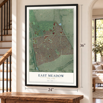 East Meadow, New York map, 24 x 36 inch print in a black frame by a staircase
