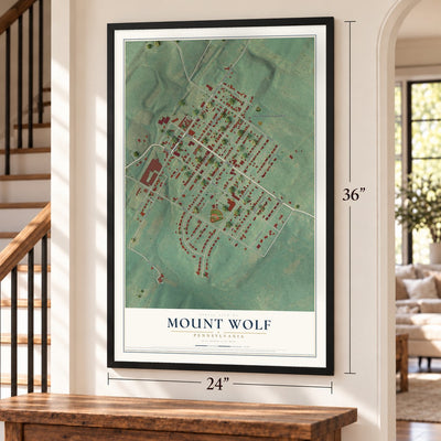 Mount Wolf, Pennsylvania map, 24 x 36 inch print in a black frame by a staircase