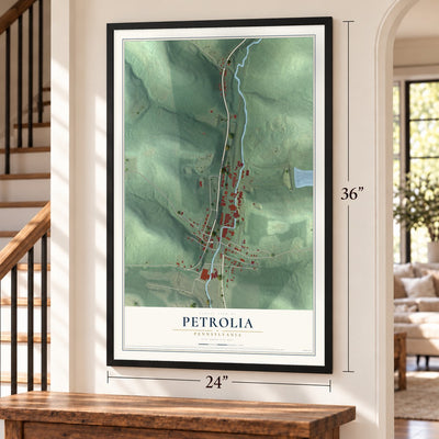 Petrolia, Pennsylvania map, 24 x 36 inch print in a black frame by a staircase