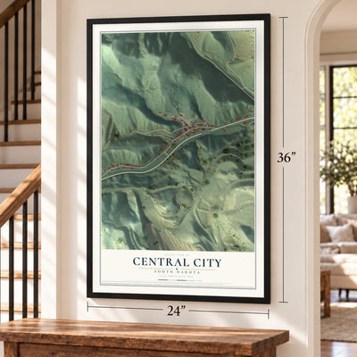 Central City, South Dakota map, 24 x 36 inch print in a black frame by a staircase