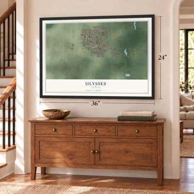 Ulysses, Kansas map, 24 x 36 inch print in a black frame above a dresser by a staircase