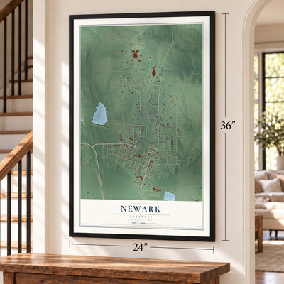 Newark, Arkansas map, 24 x 36 inch print in a black frame by a staircase