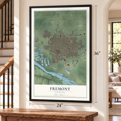 Fremont, Nebraska map, 24 x 36 inch print in a black frame by a staircase