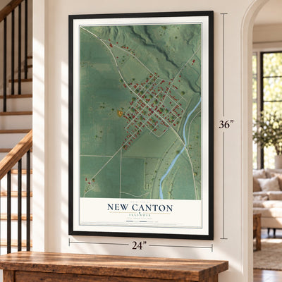 New Canton, Illinois map, 24 x 36 inch print in a black frame by a staircase