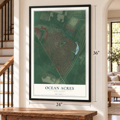Ocean Acres, New Jersey map, 24 x 36 inch print in a black frame by a staircase