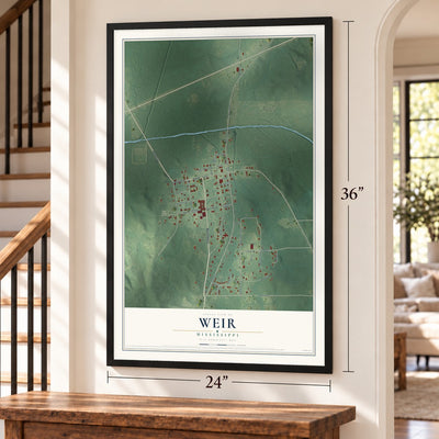 Weir, Mississippi map, 24 x 36 inch print in a black frame by a staircase