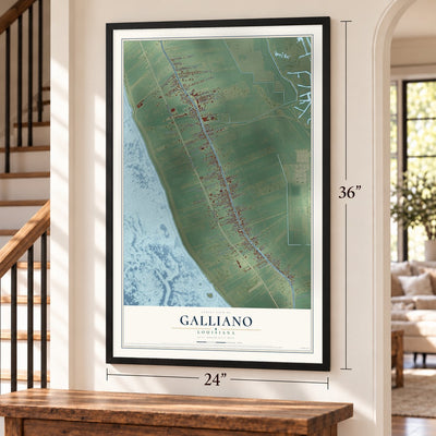 Galliano, Louisiana map, 24 x 36 inch print in a black frame by a staircase