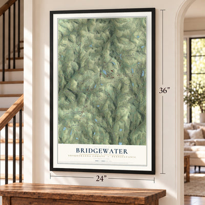 Bridgewater, Susquehanna County, Pennsylvania map, 24 x 36 inch print in a black frame by a staircase